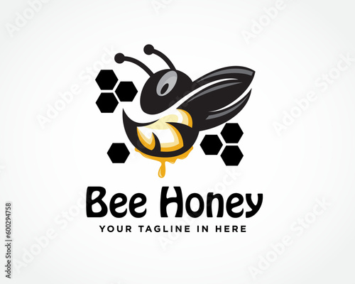 flying bee on beehive hexagonal cells create honey art logo design template illustration inspiration