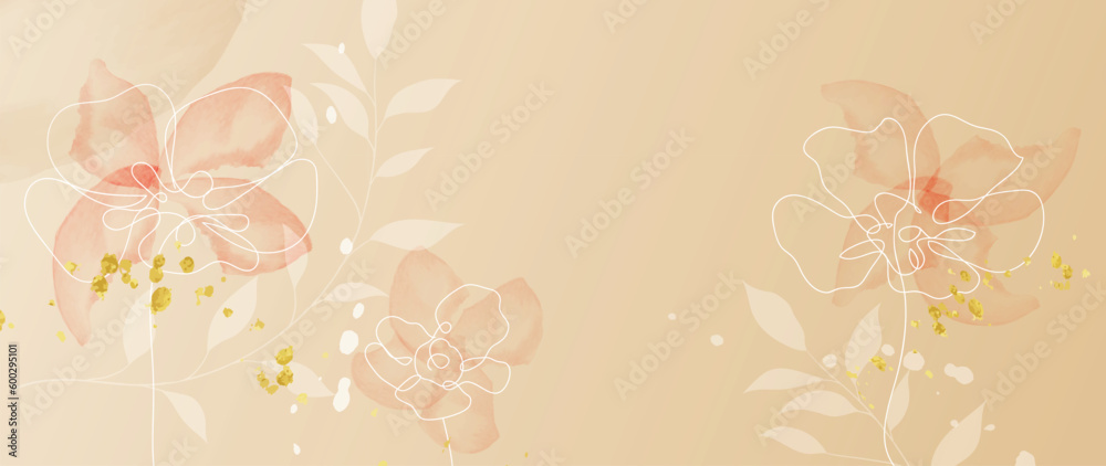 Spring floral in watercolor vector background. Luxury flower wallpaper design with orange wild flower, line art, golden texture. Elegant gold botanical illustration suitable for fabric, prints, cover.