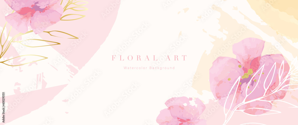 Spring floral in watercolor vector background. Luxury flower wallpaper design with wild flowers, line art, golden texture. Elegant gold botanical illustration suitable for fabric, prints, cover.