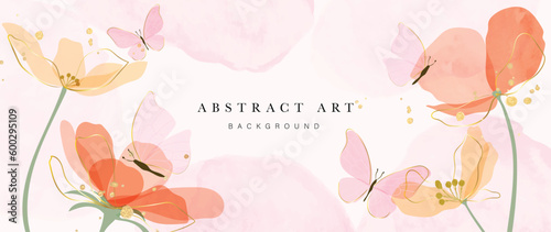 Spring floral in watercolor vector background. Luxury flower wallpaper design with wild flowers, butterfly, line art, golden texture. Elegant botanical illustration suitable for fabric, prints, cover.