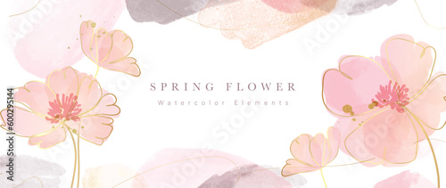 Panel kuchenny z motywem Spring floral in watercolor vector background. Luxury flower wallpaper design with wild flowers, line art, golden texture. Elegant gold botanical illustration suitable for fabric, prints, cover.