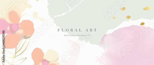 Spring floral in watercolor vector background. Luxury flower wallpaper design with wild flowers, line art, golden texture. Elegant gold botanical illustration suitable for fabric, prints, cover.