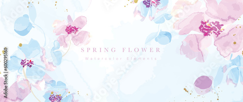 Spring floral in watercolor vector background. Luxury flower wallpaper design with wild flowers, line art, golden texture. Elegant gold botanical illustration suitable for fabric, prints, cover.