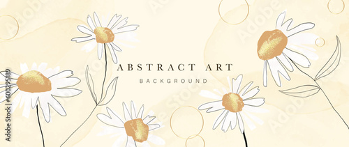 Spring floral in watercolor vector background. Luxury flower wallpaper design with daisy flowers, line art, golden texture. Elegant gold botanical illustration suitable for fabric, prints, cover.