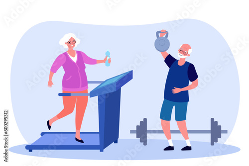Elderly couple exercising with gym equipment vector illustration. Cartoon drawing of senior woman on treadmill and man lifting weights. Healthy lifestyle, recreation, sports, retirement concept