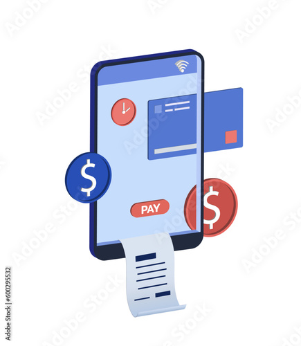 Phone with receipt and pay button on screen vector illustration. Cartoon drawing of smartphone, coins or cash and credit card as payment options. Online shopping, payment, finances, technology concept