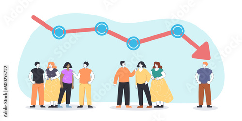 Demographic decline arrow above young people vector illustration. Men and women standing and talking, fertility and birth reduction in Europe. Demographic crisis, fertility, population concept
