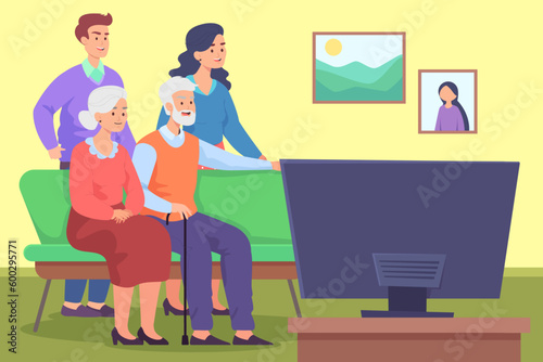 Young and old couples watching TV in living room together. Happy wife and husband, elderly parents sitting on sofa at home vector illustration. Family, leisure, recreation concept