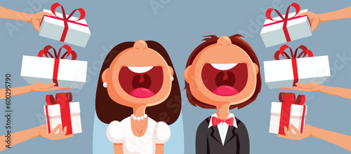 Married Couple Receiving Gifts Vector Cartoon illustration. Opportunistic bride and groom feeling happy about wedding presents
