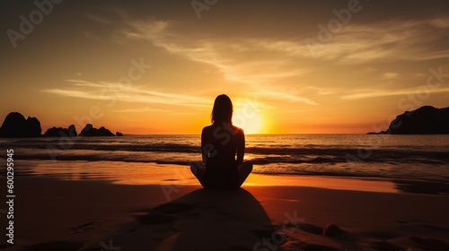 Silhouette of a woman meditating on the beach. Generative AI.