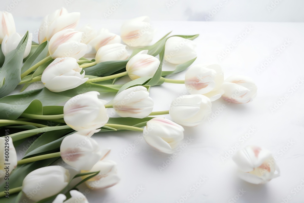 white tulips on white background with free space