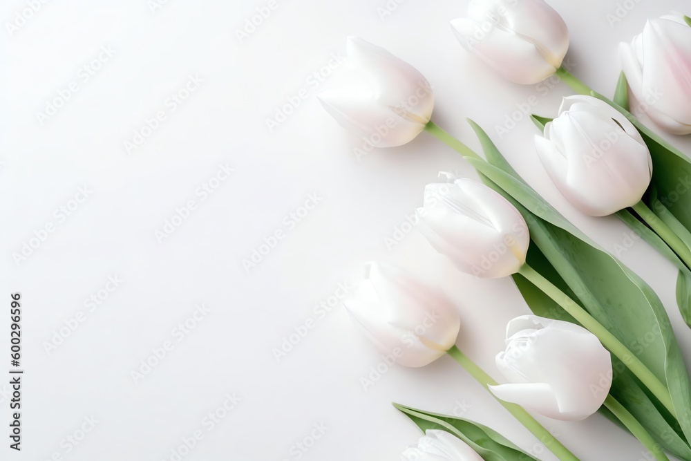 white tulips on white background with free space