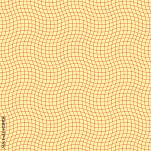 Yellow wavy gingham seamless vector pattern. Cool, abstract, texture print for summer. Repeat background wallpaper design. 