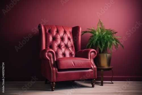 modern red leather chair placed next to a green potted plant Generative AI