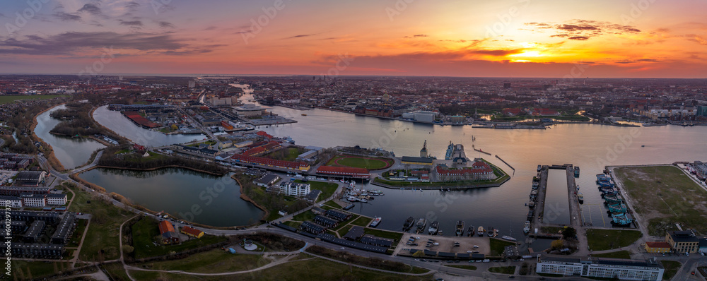 Sunset aerial view of Nyholm fort island and Copenhagen
