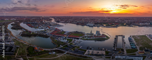 Sunset aerial view of Nyholm fort island and Copenhagen photo