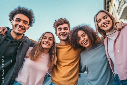 Multiracial group of friends having fun together outdoors on city street- Young cheerful people walking hugging outside- Next gen z lifestyle concept-Smiling student enjoying vacation. Generative AI