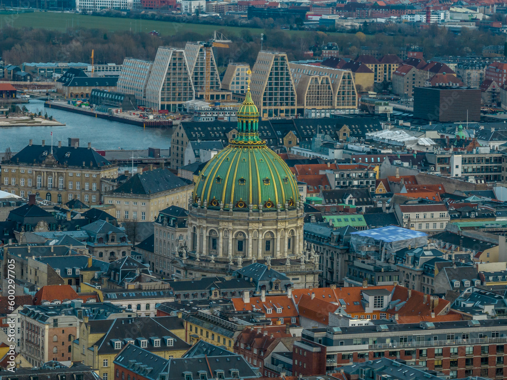 Aerial close up view of Copenhagen Frederik church with green and gold dome