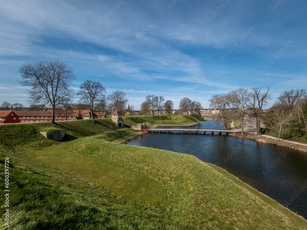 Kastelet, pentagonal start fort in Copenhagen with restored moat, ramparts, ravelin, bridge over the moat