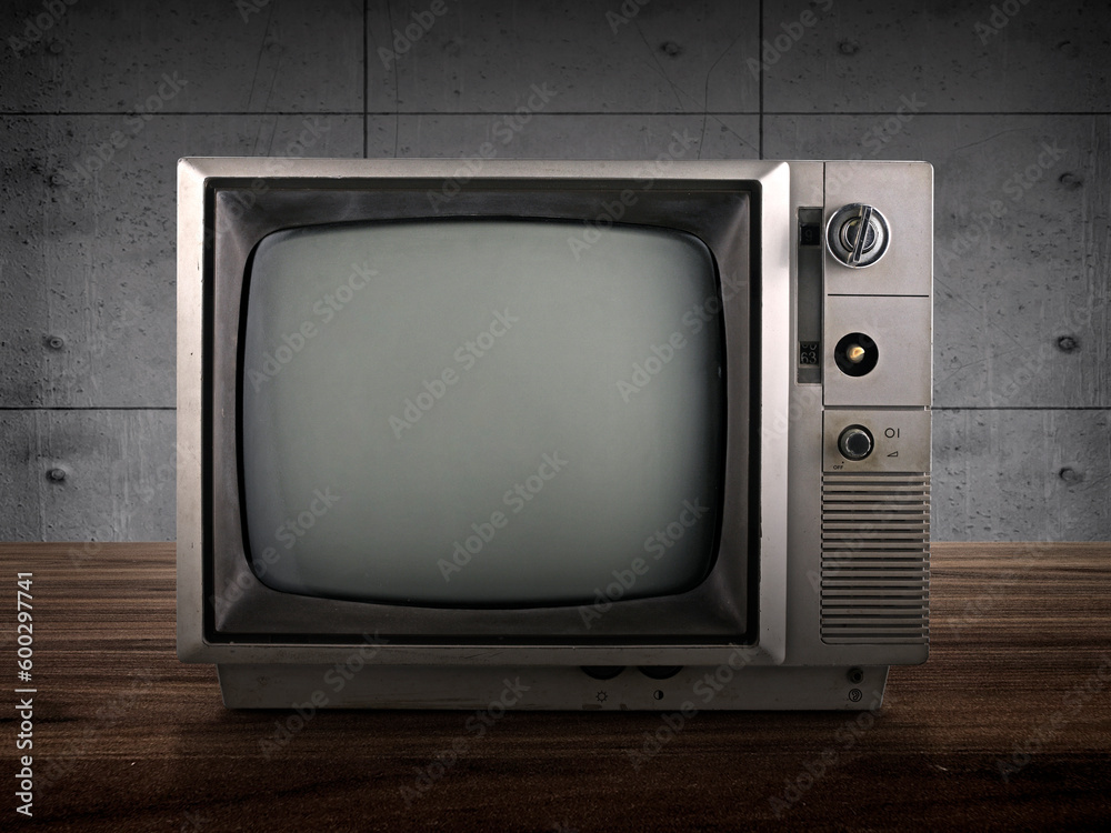 Old television vintage on wooden with black background, Retro, vintage TV style
