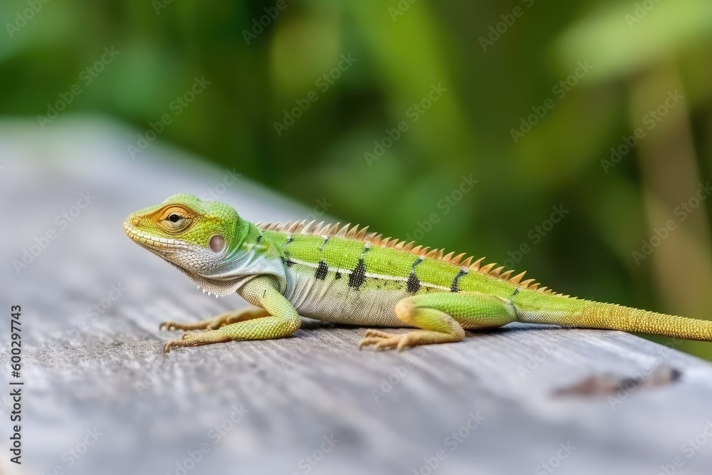 Fototapeta premium green lizard perched on a wooden table Generative AI