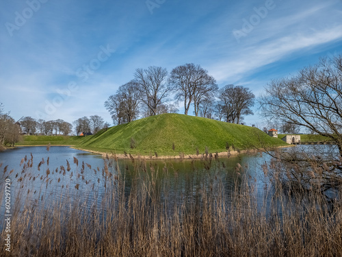 Kastelet, pentagonal start fort in Copenhagen with restored moat, ramparts, ravelin, bridge over the moat photo