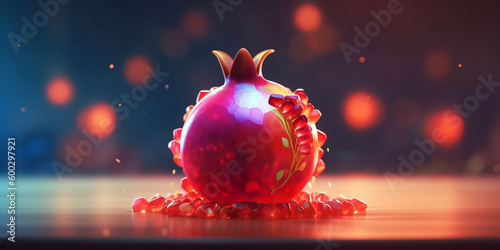 A beautiful whimsical pomegranate with sparkles and beautiful light on the background. Fruity background for Jewish New Year. Rosh Hashanah concept. photo