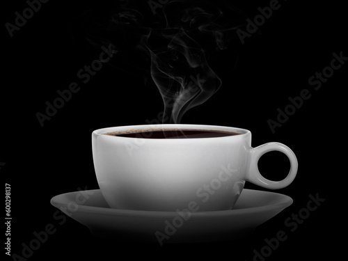 white cup with hot liquid and steam on black