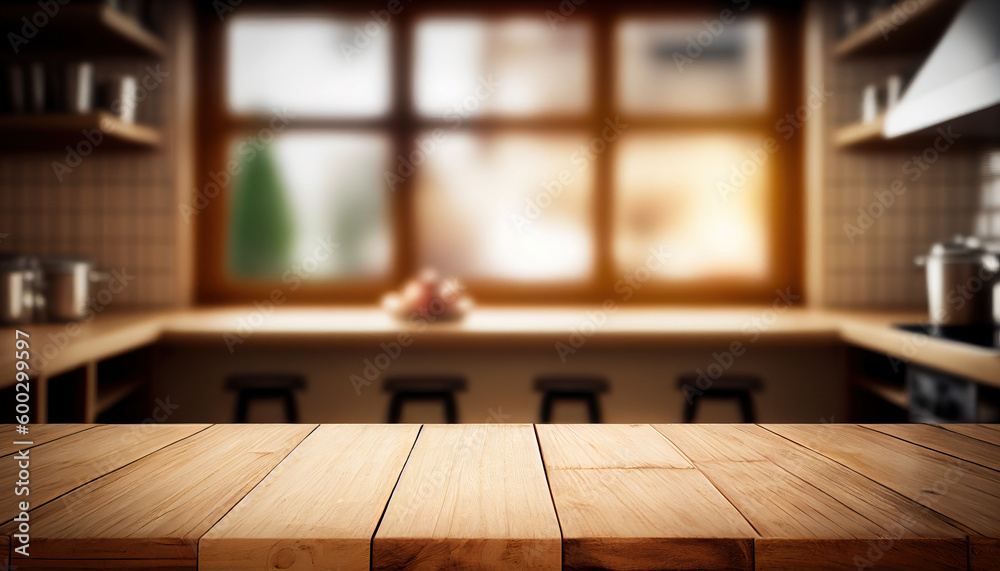 Empty wooden table with kitchen in background Empty wooden table with kitchen in background