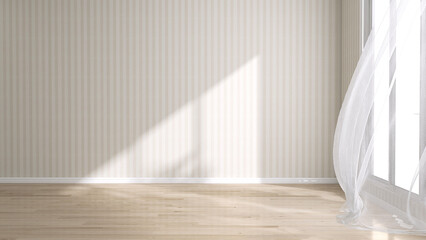 Blowing white sheer curtain, window, sunlight on blank vertical beige brown stripe wallpaper wall, parquet floor for interior design decoration, air flow ventilation home product background 3D