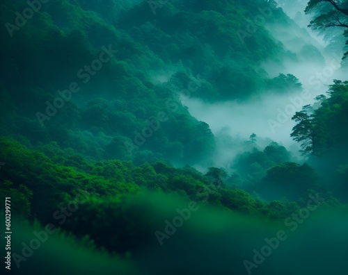 Green forest with fog, autumn, cool tone, blue greenIllustration High Quality AI, KL Image