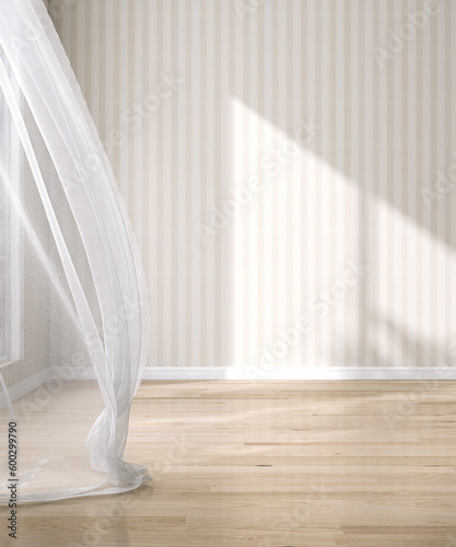 Blowing white sheer curtain, window, sunlight on blank vertical beige brown stripe wallpaper wall, parquet floor for interior design decoration, air flow ventilation home product background 3D
