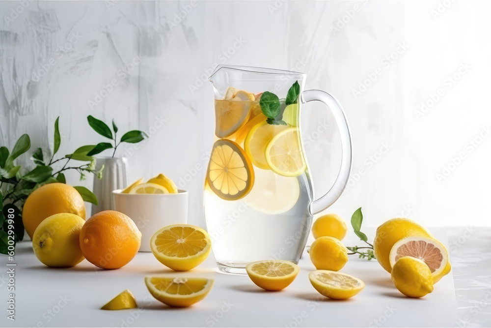 Full jug of pure water with lemon slices and mint on white kitchen background. Ai generated. - obrazy, fototapety, plakaty 