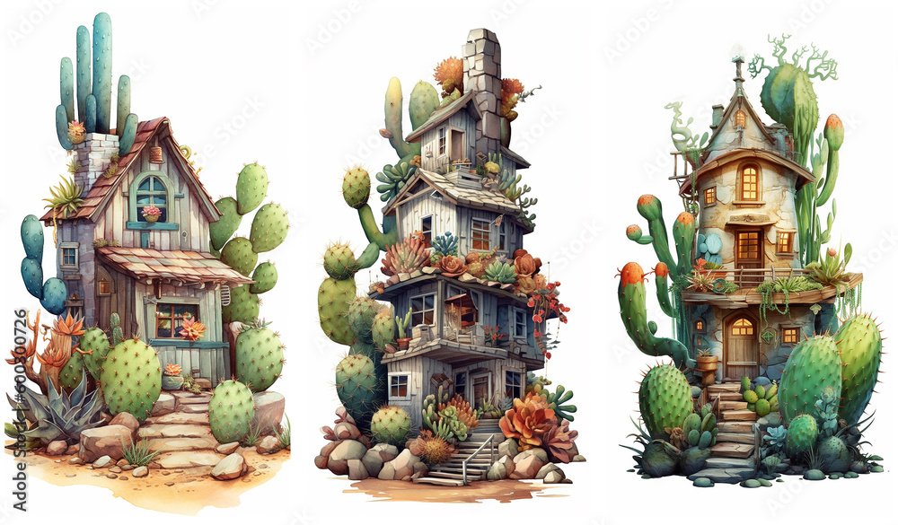 Watercolour fantasy succulent houses. Greeting cards and envelopes artwork project 3.
