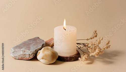 Vanilla burning candle on beige background. Warm aesthetic composition with stones and dry flowers. relax and wellness concept. Interior decoration, Home comfort, spa.png