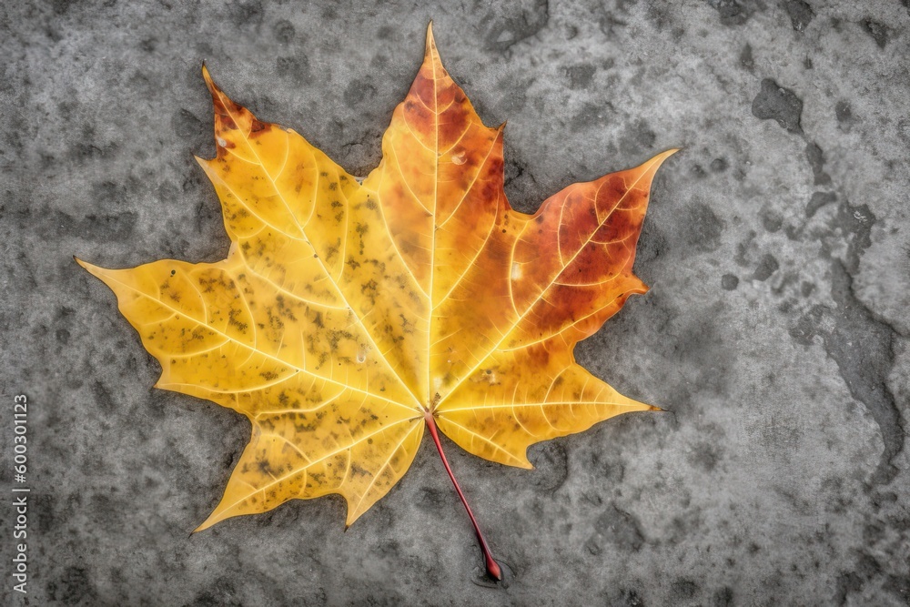 single autumn leaf resting on a concrete ground Generative AI single autumn leaf resting on a concrete ground Generative AI