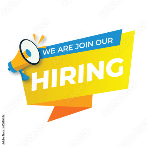 Hiring recruitment open vacancy design info label template. We are hiring join to team announcement lettering in speech bubble chat box vector illustration isolated on yellow background