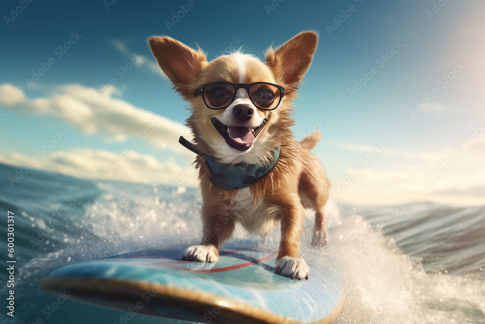 Chihuahua's Beach Adventure: Sunglassed Pup Rides the Surfboard with Joy - Generative AI