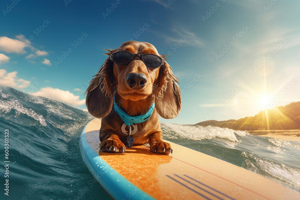 Surfing Wiener: Happy Dachshund Hangs Ten on a Surfboard with a Smile - Generative AI