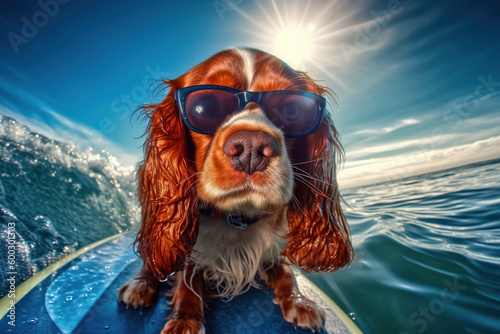 Surfing Elegance: Happy Cavalier King Charles Spaniel Masters the Waves - Generative AI