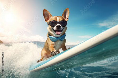 Chasing the Swells: Happy Chihuahua Surfs in Style, Shades On - Generative AI © Wanlop