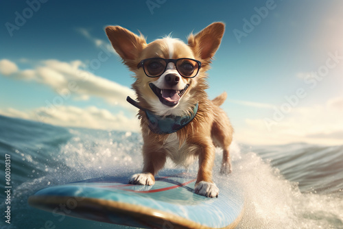 Chihuahua's Beach Adventure: Sunglassed Pup Rides the Surfboard with Joy - Generative AI © Wanlop