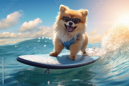 Pomeranian Surfer Chic: Pup Hangs Ten on the Ocean Waves - Generative AI photo