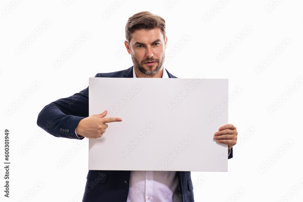 Man in studio showing promo blank board pointing finger on sign board. Blank signboard with copyspace. Advertisement concept. Ad board with copy space, blank mockup. Blank signboard, placard. Man in studio showing promo blank board pointing finger on sign board. Blank signboard with copyspace. Advertisement concept. Ad board with copy space, blank mockup. Blank signboard, placard.