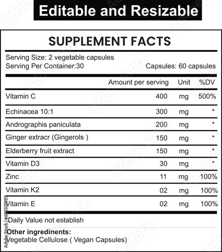 Supplement facts and nutrition facts with daily value .Vitamin facts , Supplement label ,Nutrition information 