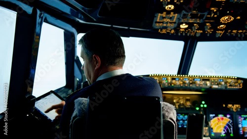 the pilot holds a tablet in his hands, looks at the flight route and chooses the landing place of the plane