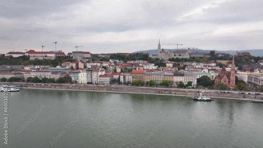 Budapest city skyline, aerial view. Fishermans Bastion, Matthias Church, Buda side, cloudy day Hungary Budapest city skyline, aerial view. Fishermans Bastion, Matthias Church, Buda side, cloudy day Hungary