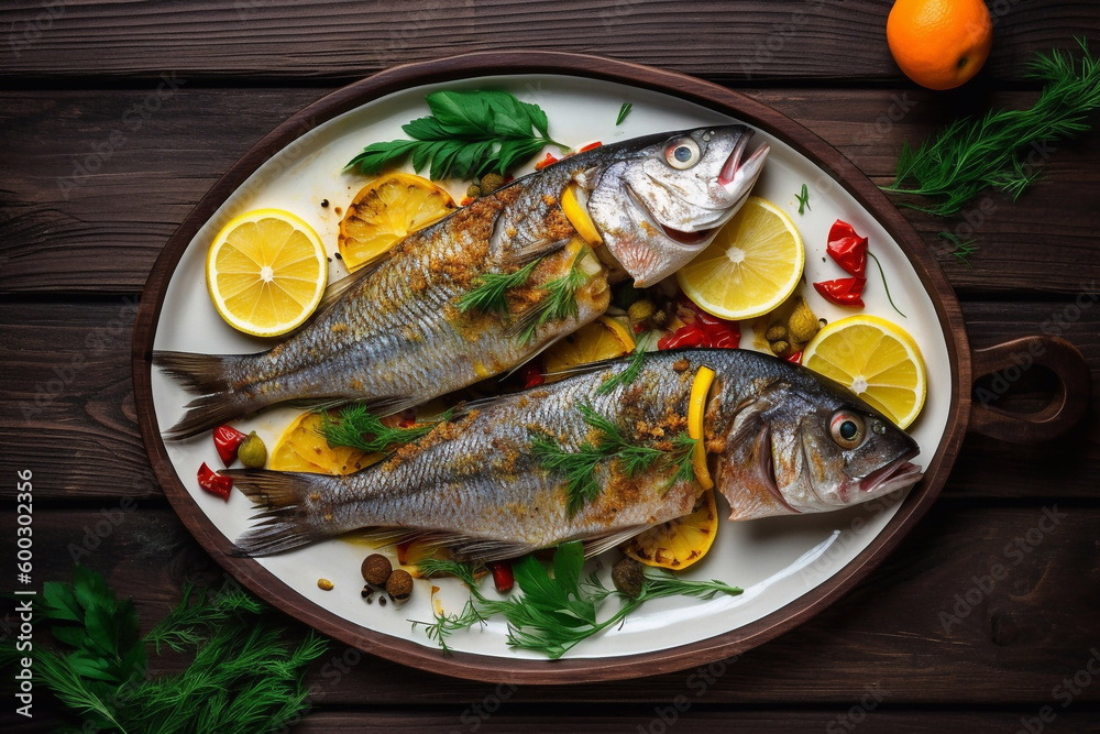 Fish with vegetables, herbs, lemon and spices. AI Generated Fish with vegetables, herbs, lemon and spices. AI Generated