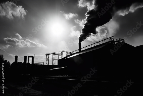 Smoking factory chimney. plant silhouette in black and white colors. AI Generated © Viacheslav