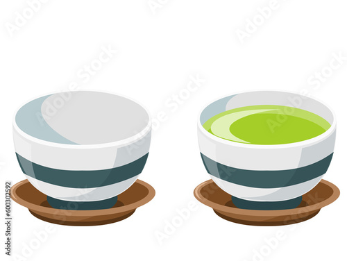 日本の湯呑とお茶が入っている湯呑　アイコンセット　PNGデーター